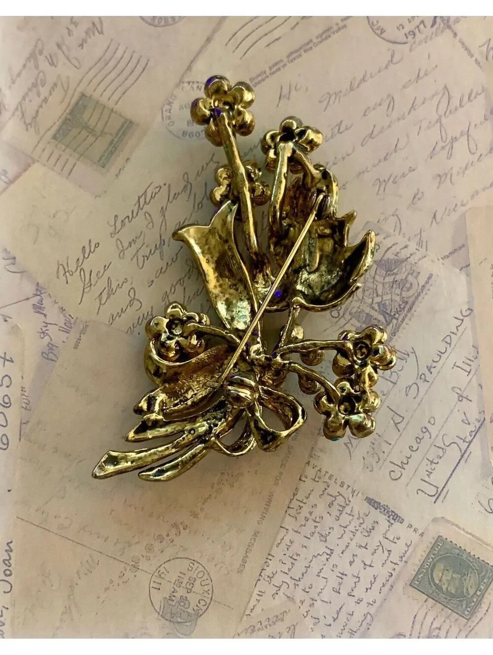 Vintage Blue Enamel Flower Bouquet Rhinestone Bow Brooch